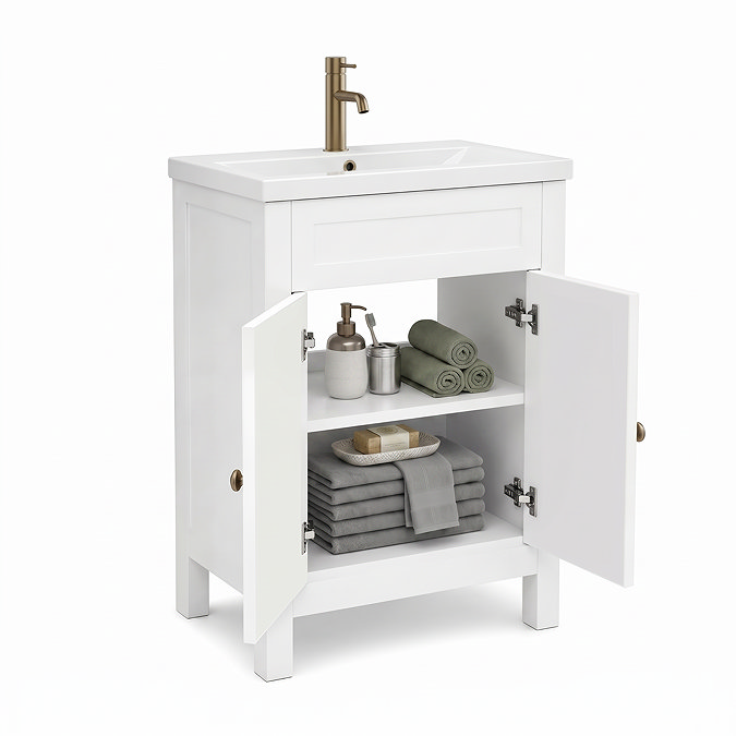 AquaSure Traditional Waterproof PVC Vanity Unit Satin White - 600mm with Antique Brass Handles