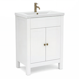 AquaSure Traditional Waterproof PVC Vanity Unit Satin White - 600mm with Antique Brass Handles