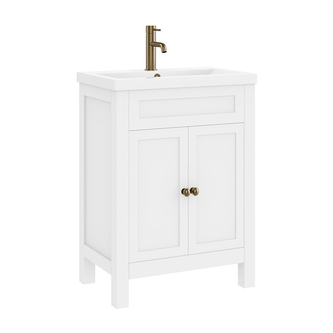 AquaSure Traditional Waterproof PVC Vanity Unit Satin White - 600mm with Antique Brass Handles