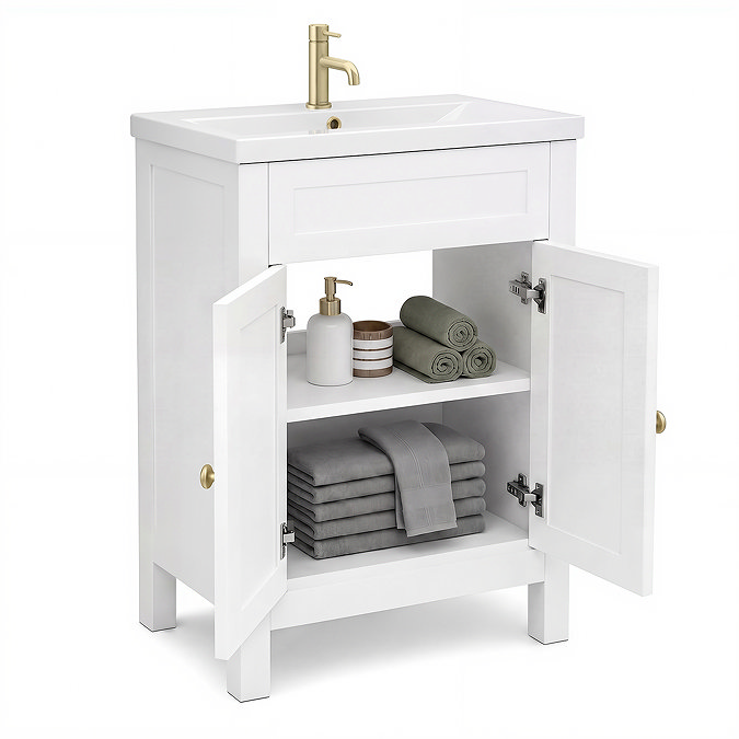 AquaSure Traditional Waterproof PVC Vanity Unit Satin White - 600mm with Brushed Brass Handles