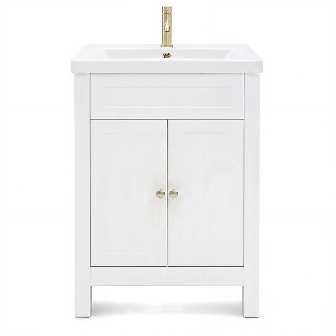 AquaSure Traditional Waterproof PVC Vanity Unit Satin White - 600mm with Brushed Brass Handles