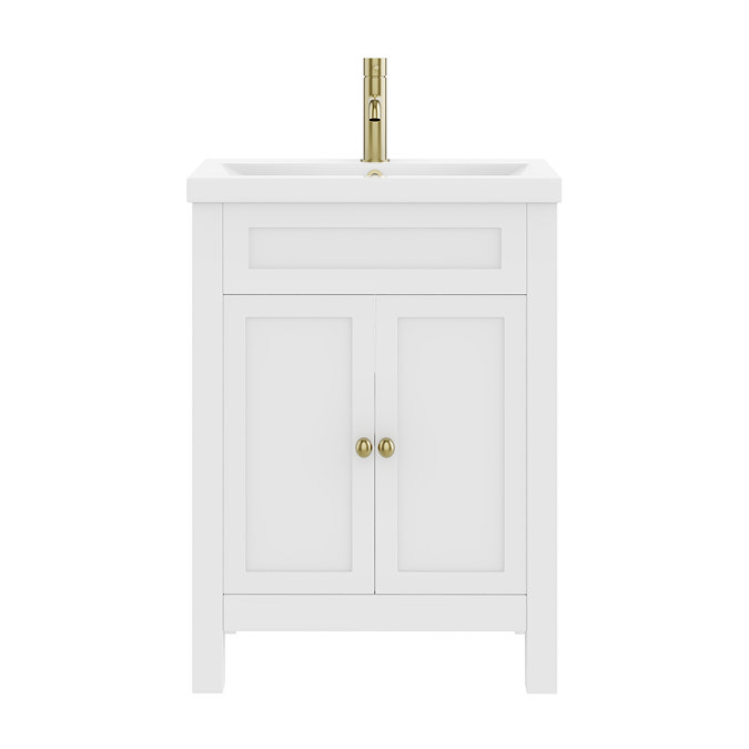 AquaSure Traditional Waterproof PVC Vanity Unit Satin White - 600mm with Brushed Brass Handles