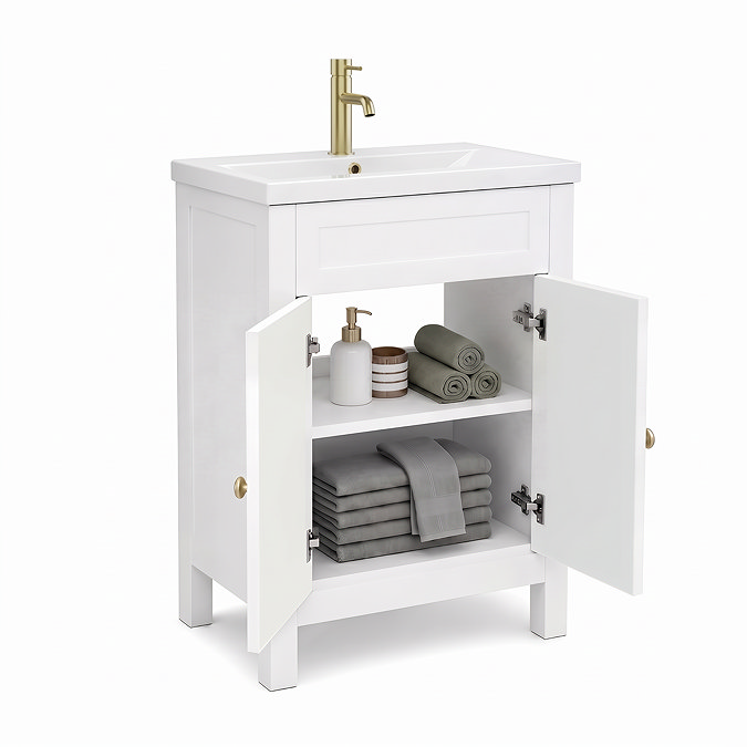AquaSure Traditional Waterproof PVC Vanity Unit Satin White - 600mm with Brushed Brass Handles
