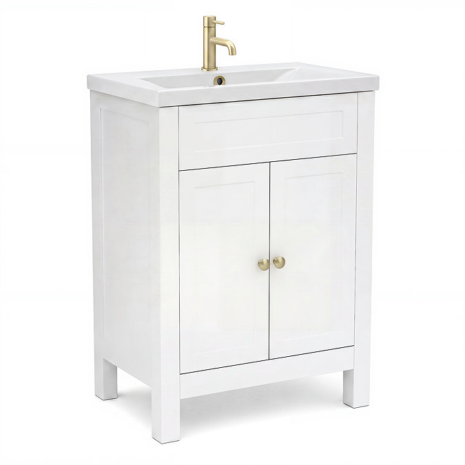 AquaSure Traditional Waterproof PVC Vanity Unit Satin White - 600mm with Brushed Brass Handles
