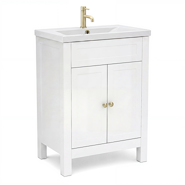 AquaSure Traditional Waterproof PVC Vanity Unit Satin White - 600mm with Brushed Brass Handles