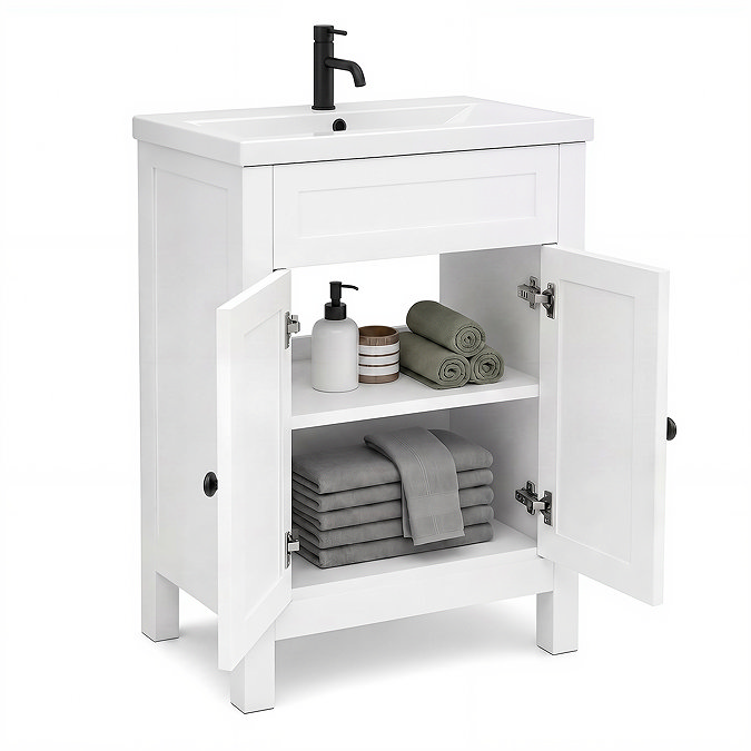 AquaSure Traditional Waterproof PVC Vanity Unit Satin White - 600mm with Matt Black Handles