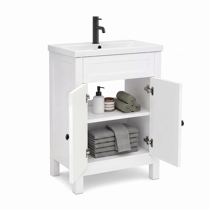 AquaSure Traditional Waterproof PVC Vanity Unit Satin White - 600mm with Matt Black Handles