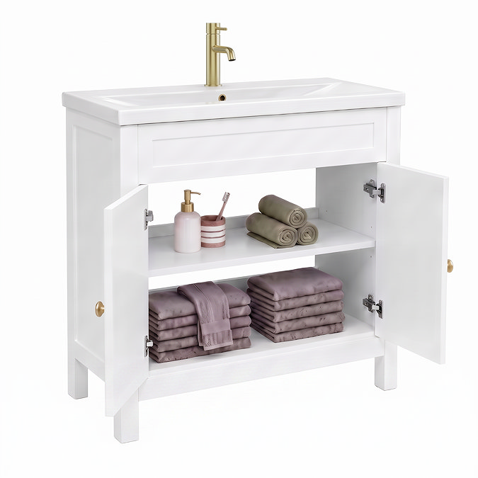 AquaSure Traditional Waterproof PVC Vanity Unit Satin White - 800mm with Brushed Brass Handles