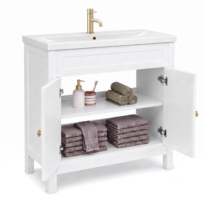 AquaSure Traditional Waterproof PVC Vanity Unit Satin White - 800mm with Brushed Brass Handles