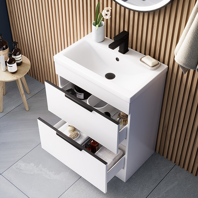 AquaSure Tribeca Waterproof PVC Vanity Unit Gloss White - 600mm with Matt Black Handles