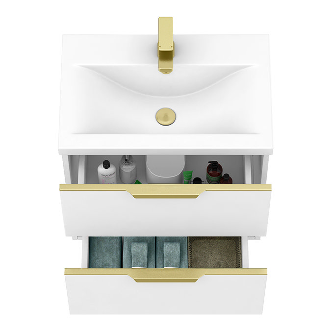 AquaSure Tribeca Waterproof PVC Wall Hung Vanity Unit Gloss White - 600mm with Brushed Brass Handles