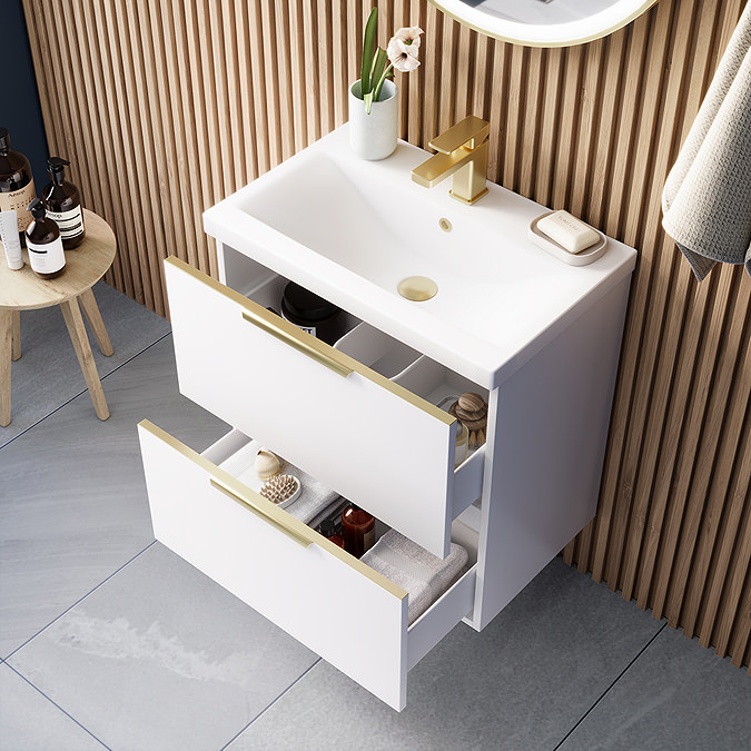 AquaSure Tribeca Waterproof PVC Wall Hung Vanity Unit Gloss White - 600mm with Brushed Brass Handles