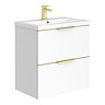 AquaSure Tribeca Waterproof PVC Wall Hung Vanity Unit Gloss White - 600mm with Brushed Brass Handles