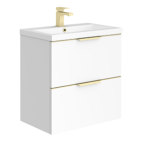 AquaSure Tribeca Waterproof PVC Wall Hung Vanity Unit Gloss White - 600mm with Brushed Brass Handles