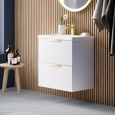 AquaSure Tribeca Waterproof PVC Wall Hung Vanity Unit Gloss White - 600mm with Brushed Brass Handles