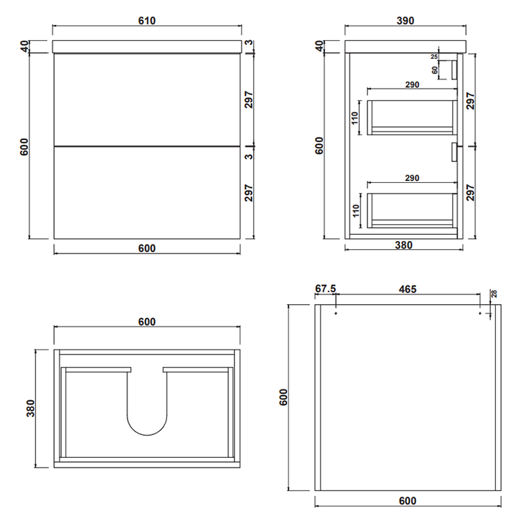 AquaSure Tribeca Waterproof PVC Wall Hung Vanity Unit Gloss White - 600mm with Chrome Handles