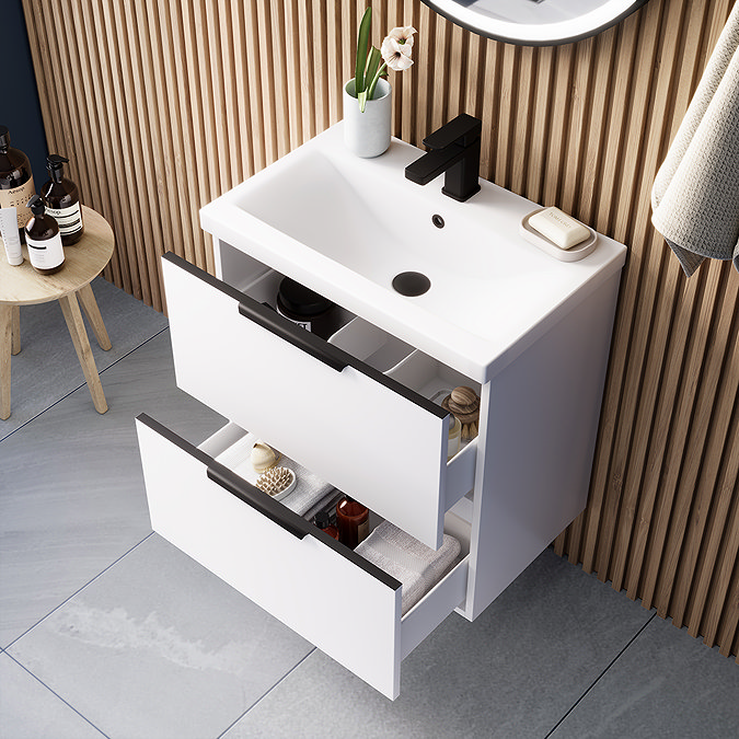 AquaSure Tribeca Waterproof PVC Wall Hung Vanity Unit Gloss White - 600mm with Matt Black Handles