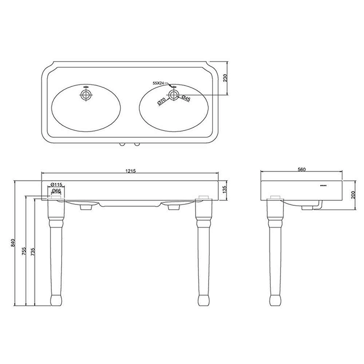 Arcade 1200mm Double Basin and Ceramic Console Legs - 2 Tap Hole