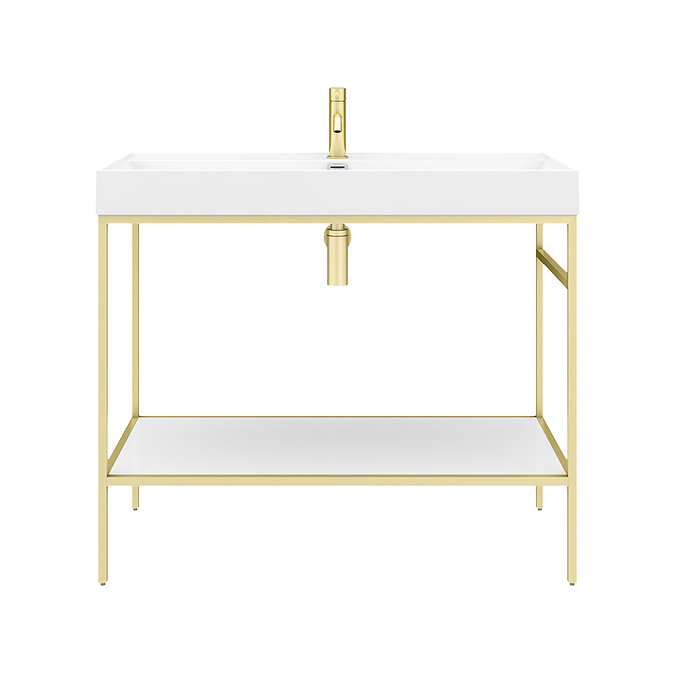 Arezzo 1000 Brushed Brass Framed Washstand with Gloss White Open Shelf and Basin  Standard Large Image