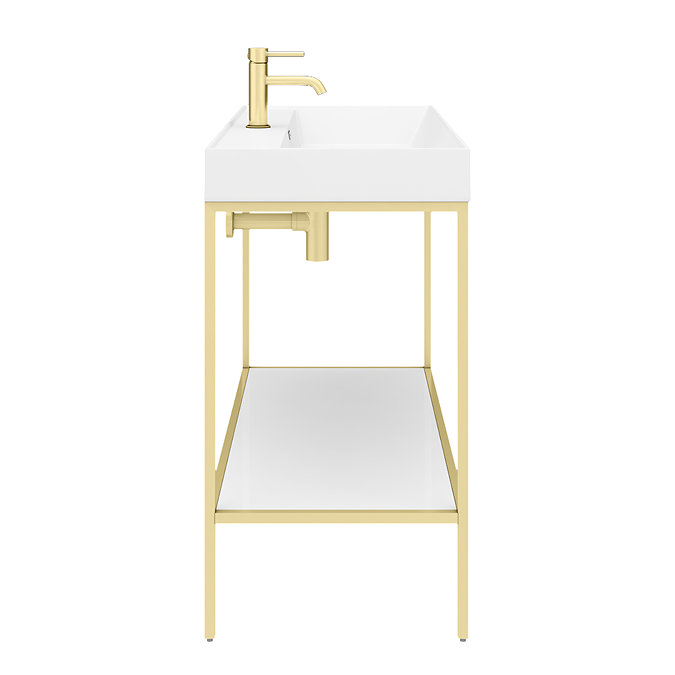 Arezzo 1000 Brushed Brass Framed Washstand with Gloss White Open Shelf and Basin  In Bathroom Large Image