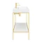 Arezzo 1000 Brushed Brass Framed Washstand with Gloss White Open Shelf and Basin  In Bathroom Large Image