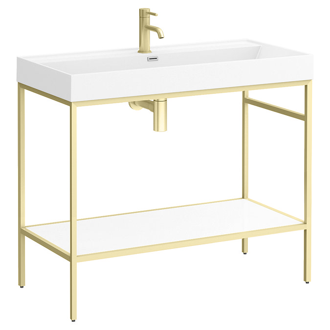 Arezzo 1000 Brushed Brass Framed Washstand with Gloss White Open Shelf and Basin  Feature Large Imag