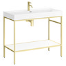 Arezzo 1000 Brushed Brass Framed Washstand with Gloss White Open Shelf and Basin  Feature Large Imag