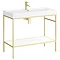 Arezzo 1000 Brushed Brass Framed Washstand with Gloss White Open Shelf and Basin  Feature Large Imag