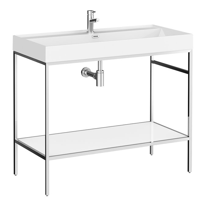 Arezzo 1000 Chrome Framed Washstand with Gloss White Open Shelf and Basin