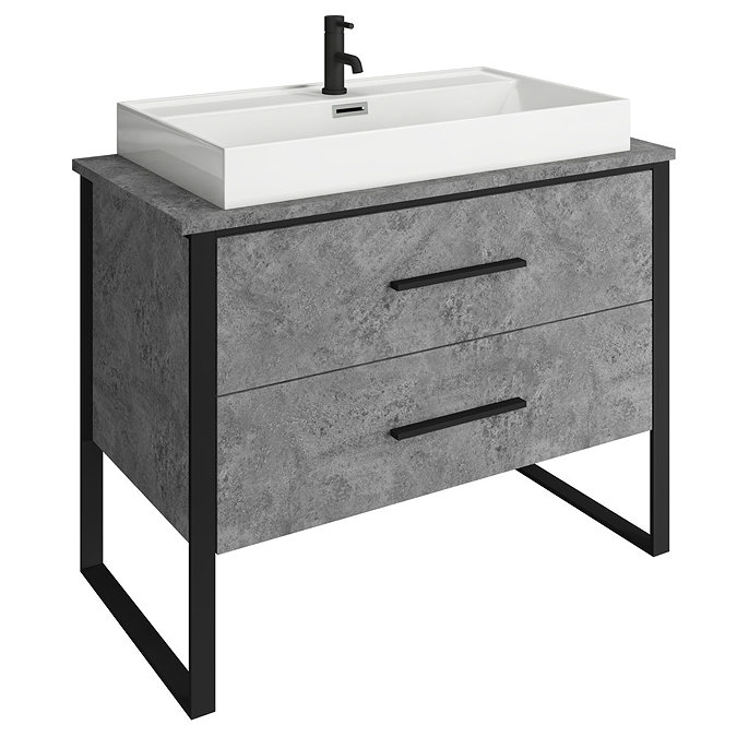Arezzo 1000 Concrete-Effect Matt Black Framed Vanity Unit + Square Toilet  Profile Large Image