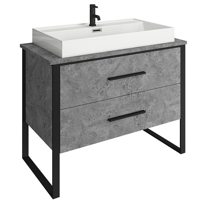Arezzo 1000 Concrete-Effect Matt Black Framed Vanity Unit + Square Toilet Profile Large Image