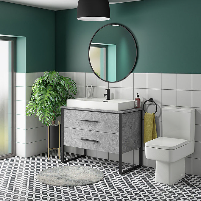 Arezzo 1000 Concrete-Effect Matt Black Framed Vanity Unit + Square Toilet Large Image