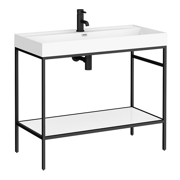 Arezzo 1000 Matt Black Framed Washstand with Gloss White Open Shelf and Basin  Profile Large Image