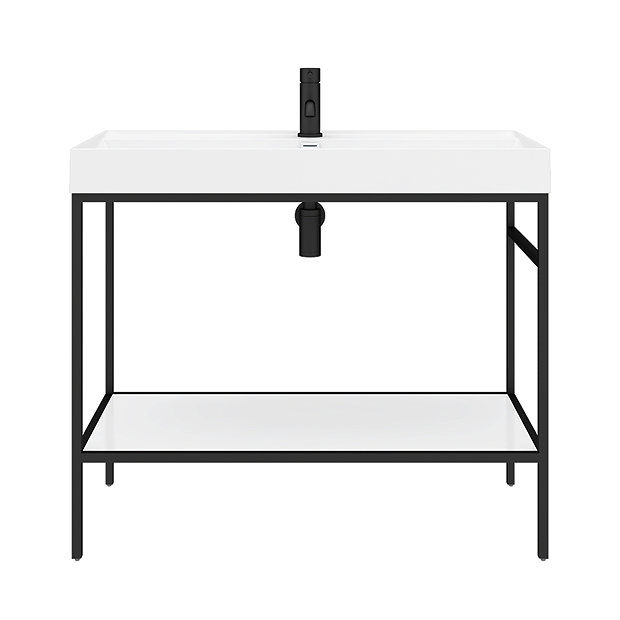 Arezzo 1000 Matt Black Framed Washstand with Gloss White Open Shelf and Basin  Standard Large Image