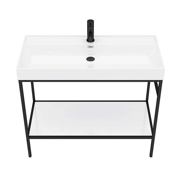 Arezzo 1000 Matt Black Framed Washstand with Gloss White Open Shelf and Basin  In Bathroom Large Image