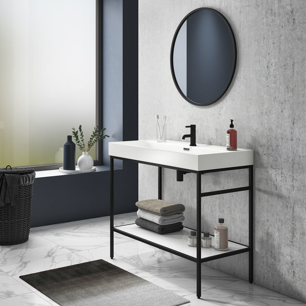 Arezzo 1000 Matt Black Framed Washstand with Gloss White Open Shelf and Basin Large Image