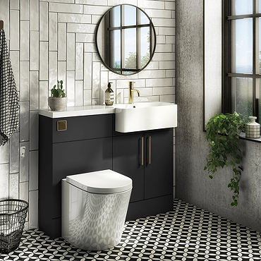 Arezzo 1000 Matt Black Semi-Recessed Round Combination Vanity Unit (Brushed Brass Flush & Handles) 
