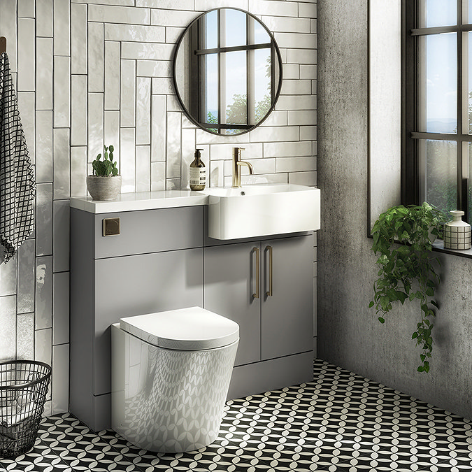 Arezzo 1000 RH Matt Grey Semi-Recessed Round Combination Vanity Unit (Brushed Brass Flush & Handles)