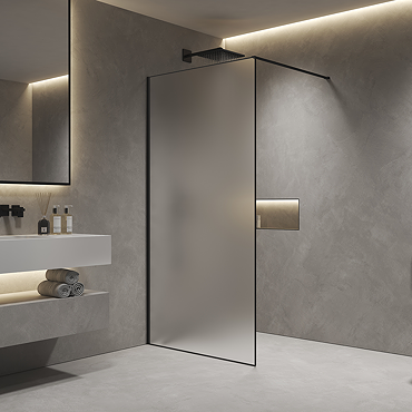 Arezzo 1000 x 2000 Matt Black Slim Frame Frosted Glass Wetroom Screen