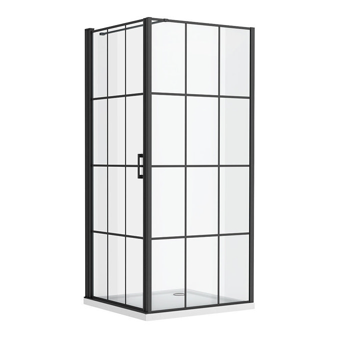 Arezzo 1000 x 900 Matt Black Grid Frameless Pivot Door Shower Enclosure + Tray