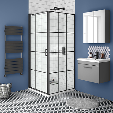 Arezzo 1000 x 900 Matt Black Grid Frameless Pivot Door Shower Enclosure + Tray