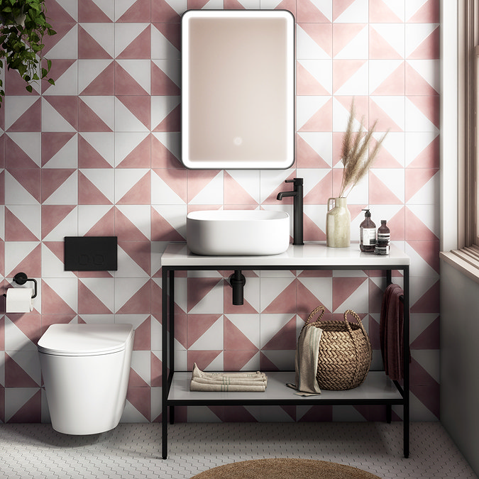 Arezzo 1010 Gloss White Stone Resin Worktop with Matt Black Framed Washstand Feature Large Image