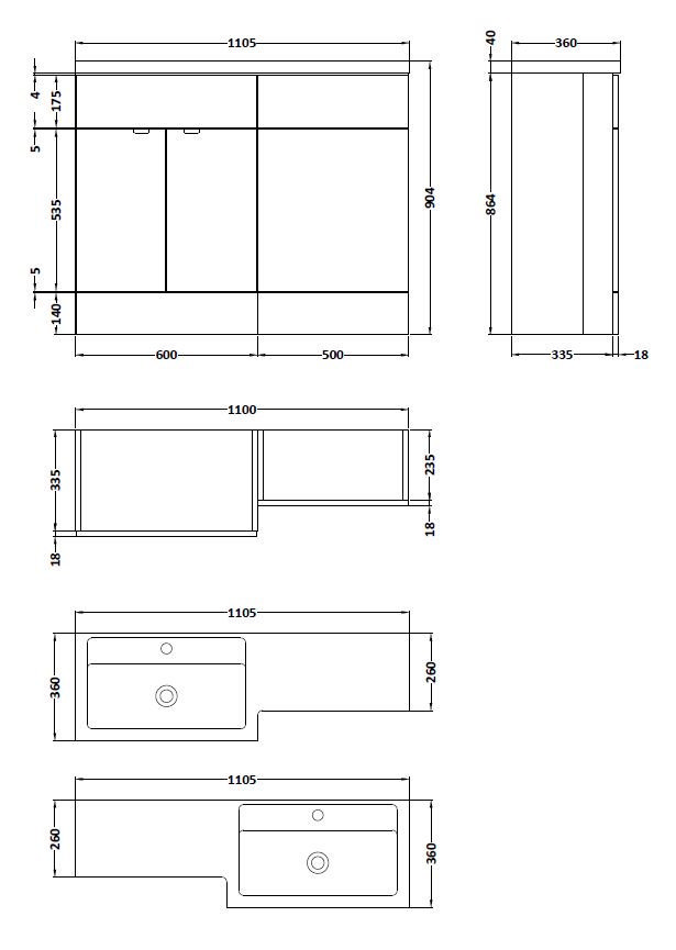 Arezzo 1100 Matt Black Combination Furniture Pack (Brushed Brass Flush & Handles)