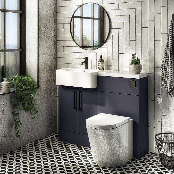 Arezzo 1100 Matt Blue Semi-Recessed Round Combination Vanity Unit (Matt Black Flush & Handles) Large