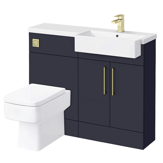 Arezzo 1100 Matt Blue Semi-Recessed Square Combination Vanity Unit (Brushed Brass Flush & Handles) L