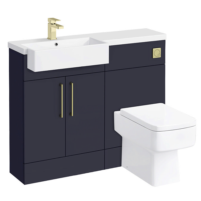 Arezzo 1100 LH Matt Blue Semi-Recessed Square Combination Vanity Unit (Brushed Brass Flush & Handles