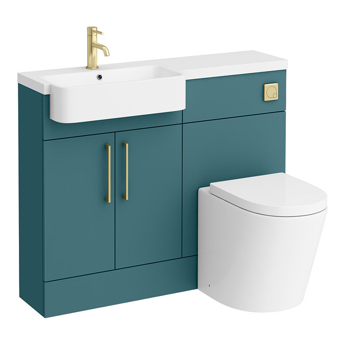 Arezzo 1100 Matt Green Semi-Recessed Round Combination Vanity Unit (Brushed Brass Flush & Handles)