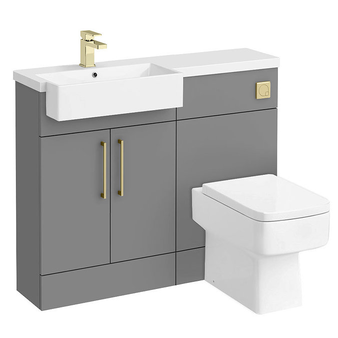 Arezzo 1100 LH Matt Grey Semi-Recessed Square Combination Vanity Unit (Brushed Brass Flush & Handles