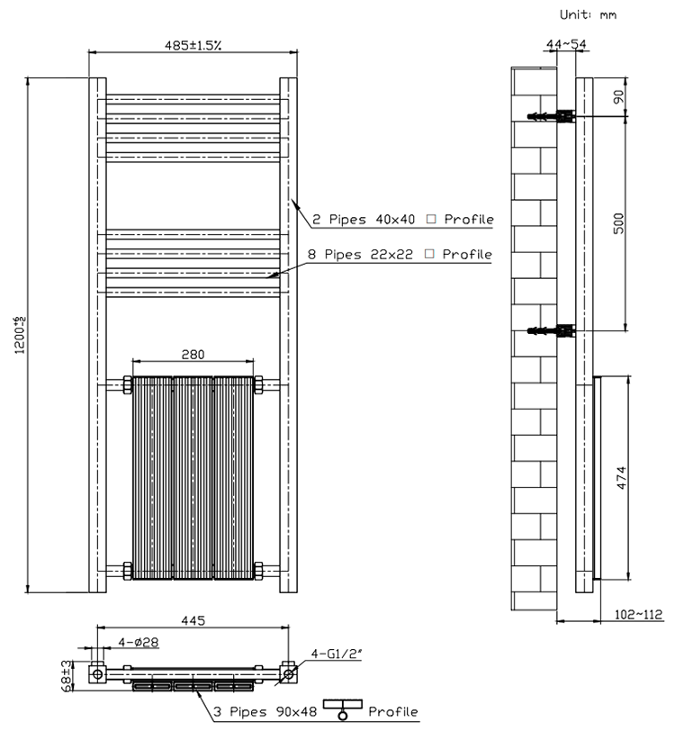 Arezzo 1200 x 485 Framed Modern Column Radiator - Chrome & White