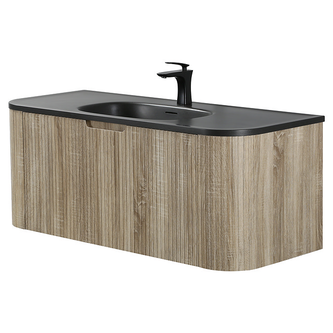 Arezzo 1200mm Slatted Light Oak Wall Mounted Curved Vanity Unit with Matt Black Basin